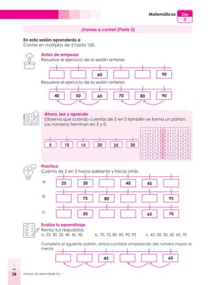 28 Módulo de aprendizaje No. 1
Matemáticas Día
3
¡Vamos a contar! (Parte 3)
En esta sesión aprenderás a
Contar en múltiplos de 5 hasta 100.
Antes de empezar
Resuelve el ejercicio de la sesión anterior.
90
60
40 50 70 90
60 80
Resuelve el ejercicio de la sesión anterior.
Ahora, lee y aprende
Observa que cuando cuentas de 5 en 5 también se forma un patrón.
Los números terminan en 5 y 0.
1 2 3 4 5 6 7 8 9 10
11 12 13 14 15 16 17 18 19 20
21 22 23 24 25 26 27 28 28 30
31 32 33 34 35 36 37 38 39 40
41 42 43 44 45 46 47 48 49 50
51 52 53 54 55 56 57 58 59 60
61 62 63 64 65 66 67 68 69 70
71 72 73 74 75 76 77 78 79 80
81 81 83 84 85 86 87 88 89 90
91 92 93 94 95 96 97 98 99 100
5 10 20 30
15 25
Practica
Cuenta de 5 en 5 hacia adelante y hacia atrás.
25 30 40 45
75 95
80
50 70
65
a.
b.
c.
Evalúa tu aprendizaje
Revisa tus respuestas.
a. 25, 30, 35, 40, 45, 50 	 b. 70, 75, 80, 85, 90, 95 c. 45, 50, 55, 60, 65, 70
Completa el siguiente patrón, ahora contarás empezando del número mayor al
menor.
60
45
 