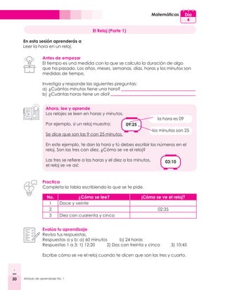 30 Módulo de aprendizaje No. 1
Matemáticas Día
4
El Reloj (Parte 1)
En esta sesión aprenderás a
Leer la hora en un reloj.
Antes de empezar
El tiempo es una medida con la que se calcula la duración de algo
que ha pasado. Los años, meses, semanas, días, horas y los minutos son
medidas de tiempo.
Investiga y responde las siguientes preguntas:
a) 	¿Cuántos minutos tiene una hora?
b) 	¿Cuántas horas tiene un día?
Ahora, lee y aprende
Los relojes se leen en horas y minutos.
Por ejemplo, si un reloj muestra:			
Se dice que son las 9 con 25 minutos.
En este ejemplo, te dan la hora y tú debes escribir los números en el
reloj. Son las tres con diez. ¿Cómo se ve el reloj?
Las tres se refiere a las horas y el diez a los minutos,
el reloj se ve así:
Practica
Completa la tabla escribiendo lo que se te pide.
Evalúa tu aprendizaje
Revisa tus respuestas.
Respuestas a y b: a) 60 minutos	 b) 24 horas
Respuestas 1 a 3: 1) 12:20	 2) Dos con treinta y cinco 	 3) 10:45
Escribe cómo se ve el reloj cuando te dicen que son las tres y cuarto.
09:25
la hora es 09
los minutos son 25
03:10
No. ¿Cómo se lee? ¡Cómo se ve el reloj?
1 Doce y veinte
2 02:35
3 Diez con cuarenta y cinco
 