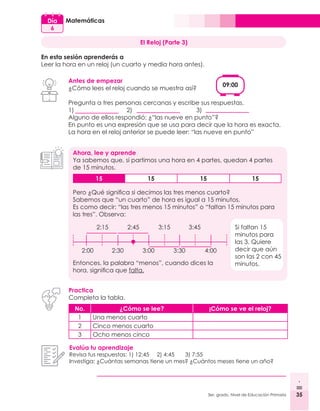 35
3er. grado, Nivel de Educación Primaria 35
Matemáticas
Día
6
El Reloj (Parte 3)
En esta sesión aprenderás a
Leer la hora en un reloj (un cuarto y media hora antes).
Antes de empezar
¿Cómo lees el reloj cuando se muestra así?
Pregunta a tres personas cercanas y escribe sus respuestas.
1)			 2)				3)
Alguno de ellos respondió: ¿“las nueve en punto”?
En punto es una expresión que se usa para decir que la hora es exacta.
La hora en el reloj anterior se puede leer: “las nueve en punto”
Ahora, lee y aprende
Ya sabemos que, si partimos una hora en 4 partes, quedan 4 partes
de 15 minutos.
Practica
Completa la tabla.
Evalúa tu aprendizaje
Revisa tus respuestas: 1) 12:45 2) 4:45 3) 7:55
Investiga: ¿Cuántas semanas tiene un mes? ¿Cuántos meses tiene un año?
No. ¿Cómo se lee? ¡Cómo se ve el reloj?
1 Una menos cuarto
2 Cinco menos cuarto
3 Ocho menos cinco
15 15 15 15
Pero ¿Qué significa si decimos las tres menos cuarto?
Sabemos que “un cuarto” de hora es igual a 15 minutos.
Es como decir: “las tres menos 15 minutos” o “faltan 15 minutos para
las tres”. Observa:
09:00
Si faltan 15
minutos para
las 3. Quiere
decir que aún
son las 2 con 45
minutos.
2:00
2:15 2:45 3:15 3:45
2:30 3:00 3:30 4:00
Entonces, la palabra “menos”, cuando dices la
hora, significa que falta.
 
