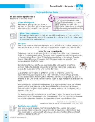 38 Módulo de aprendizaje No. 1
Comunicación y Lenguaje L1 Día
8
Práctica de lectura fluida
En esta sesión aprenderás a
Practicar tu lectura fluida.
Antes de empezar
Responde: ¿Te gusta practicar tu
lectura en voz alta? ¿Consideras que
lees bien cuando lees para otros?
Ahora, lee y aprende
Recuerda que si lees con fluidez también mejorarás tu comprensión
lectora. Por eso, debes continuar practicando. Al practicar, debes leer
sin equivocarte y de corrido.
Practica
Lee 5 veces en voz alta el siguiente texto. esfuérzate por leer mejor cada
vez; es decir, sin equivocarte, ni cambiar letras y cada vez más rápido.
La araña que prefería volar
Sabemos que las arañas se dedican a tejer. También, que hacen sus
telas en lugares especiales. Escogen estos lugares para atrapar animales
más pequeños. Pues bien, Roberta no quería hacer lo mismo. Quería
hacer algo diferente. Pensaba distinto a su madre, su abuela y sus
antepasados. ¡Prefería volar!
Esto le resultó muy confuso a su madre. Ella solo quería enseñarle
a tejer. Roberta decidió no perder el tiempo haciendo telas para
cazar. Se puso a inventar una forma de volar.
¡Las arañas no vuelan!, le gritaron. Eso no le importó. Lo intentó
sacudiendo sus ocho patas a la vez. También, con una hoja grande,
como paracaídas. Hizo muchos intentos, pero no lo lograba. Un día, su
madre le dio una idea. Te enseñaré a tejer, le dijo. Harás unas alas con tu
tela.
Poco después, Roberta comprendió que tejer le podía servir. Le serviría
para cumplir su sueño de volar. Rápidamente, con el hilo de su tela,
volaba como pájaro. El hilo era muy fuerte. Volaba de aquí para allá y
de allá para acá…
Su madre cumplió su trabajo de enseñarle a tejer. Roberta, en cambio,
descubrió algo muy importante. Comprendió que de las mamás siempre
se puede aprender. De ellas se aprenden cosas muy interesantes.
Adaptado de Mineduc. Mi libro de lecturas,
para segundo grado del nivel de Educación Primaria. 3ª. ed. (2021. p. 7).
Evalúa tu aprendizaje
Lee esta lectura a algún miembro de tu familia. Luego conversen
acerca de tu desempeño, respondiendo lo siguiente: ¿Consideras que
has mejorado tu velocidad? ¿Comprendes con facilidad lo que lees?
¿Omites palabras al leer?
En un espacio determinado,
dibuja una línea luego camina
sobre ella hacia adelante y
hacia atrás derecha e izquierda
lentamente según la indicación.
Activación del cuerpo
 