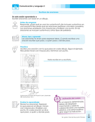 55
3er. grado, Nivel de Educación Primaria 55
Comunicación y Lenguaje L1
Día
16
Escritura de oraciones
En esta sesión aprenderás a
Escribir oraciones con base en un dibujo.
Antes de empezar
Responde: ¿Para qué se usan los sustantivos? ¿Se incluyen sustantivos en
una oración? Recuerda que las oraciones expresan una idea completa.
Las oraciones empiezan con mayúscula y finalizan con punto. En las
oraciones se incluyen sustantivos y otros tipos de palabras.
Ahora, lee y aprende
Las oraciones te sirven para expresar ideas. Cuando escribas una
oración escribe qué pasa, a quien pasa y dónde pasa.
Evalúa tu aprendizaje
Revisa tus oraciones. Expresan
lo que pasa en el dibujo. Inician
con mayúscula y finalizan con
punto. En cada oración se dice
qué pasó, a quién y donde pasó.
En un espacio determinado,
debes de desplazar
marchando y sobre la
cabeza llevarán una botella
plástica, a la señal auditiva
girar según la indicación.
Activación del cuerpo
Practica
Escribe una oración con lo que pasa en cada dibujo. Sigue el ejemplo.
Recuerda iniciar con mayúscula y terminar con punto.
Ilustraciones tomadas de Proyecto Leer y Aprender.
EBC de Escritura. Vol. I.
Mario escribe en su escritorio.
 