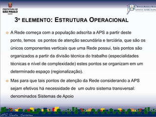 3º ELEMENTO: ESTRUTURA OPERACIONAL


A Rede começa com a população adscrita a APS a partir deste

ponto, temos os pontos de atenção secundária e terciária, que são os
únicos componentes verticais que uma Rede possui, tais pontos são
organizados a partir da divisão técnica do trabalho (especialidades
técnicas e nível de complexidade) estes pontos se organizam em um
determinado espaço (regionalização).


Mas para que tais pontos de atenção da Rede considerando a APS
sejam efetivos há necessidade de um outro sistema transversal:

denominados Sistemas de Apoio

 