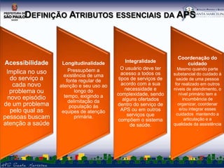 DEFINIÇÃO ATRIBUTOS ESSENCIAIS DA APS

Acessibilidade
Implica no uso
do serviço a
cada novo
problema ou
novo episódio
de um problema
pelo qual as
pessoas buscam
atenção a saúde

Longitudinalidade
Pressupõem a
existência de uma
fonte regular de
atenção e seu uso ao
longo do
tempo, exigindo a
delimitação da
população ás
equipes de atenção
primária.

Integralidade
O usuário deve ter
acesso a todos os
tipos de serviços de
acordo com a sua
necessidade e
complexidade, sendo
alguns ofertados
dentro do serviço de
APS ou em outros
serviços que
compõem o sistema
de saúde.

Coordenação do
cuidado
Mesmo quando parte
substancial do cuidado à
saúde de uma pessoa
for realizado em outros
níveis de atendimento, o
nível primário tem a
incumbência de
organizar, coordenar
e/ou integrar esses
cuidados mantendo a
articulação e a
qualidade da assistência
.

 