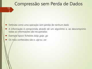 Compressão sem Perda de Dados
 Definida como uma operação sem perdas de nenhum dado
 A informação é comprimida através de um algoritmo e, ao descomprimir,
todas as informações são recuperadas
 Exemplo típico: ficheiros bzip, gzip, .gz
 Os mais conhecidos são o .zip ou .rar.
12
2
 