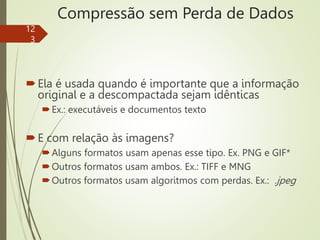 Compressão sem Perda de Dados
Ela é usada quando é importante que a informação
original e a descompactada sejam idênticas
Ex.: executáveis e documentos texto
E com relação às imagens?
Alguns formatos usam apenas esse tipo. Ex. PNG e GIF*
Outros formatos usam ambos. Ex.: TIFF e MNG
Outros formatos usam algoritmos com perdas. Ex.: .jpeg
12
3
 