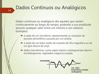 Dados Contínuos ou Analógicos
Dados contínuos ou analógicos são aqueles que variam
continuamente ao longo do tempo, podendo a sua amplitude
assumir qualquer valor entre um mínimo e um máximo.
Exemplos:
 a saída de um microfone, representando as variações da
pressão atmosférica causada por um artista;
 a saída de um leitor áudio de cassetes de fita-magnética ou de
um gira-discos de vinyl;
 dados biométricos, como sejam electro-cardiogramase electro-
encefalogramas, registados nalguma ocasião.
14
 