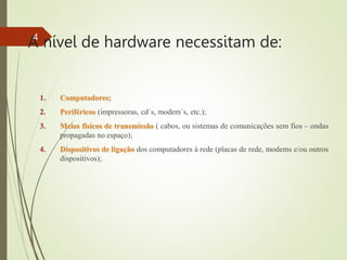 A nível de hardware necessitam de:
1. Computadores;
2. Periféricos (impressoras, cd´s, modem´s, etc.);
3. Meios físicos de transmissão ( cabos, ou sistemas de comunicações sem fios – ondas
propagadas no espaço);
4. Dispositivos de ligação dos computadores à rede (placas de rede, modems e/ou outros
dispositivos);
4
 