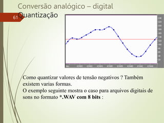 Conversão analógico – digital
Quantização
61
Como quantizar valores de tensão negativos ? Também
existem varias formas.
O exemplo seguinte mostra o caso para arquivos digitais de
sons no formato *.WAV com 8 bits :
 