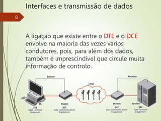 Interfaces e transmissão de dados
A ligação que existe entre o DTE e o DCE
envolve na maioria das vezes vários
condutores, pois, para além dos dados,
também é imprescindível que circule muita
informação de controlo.
8
 