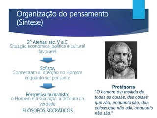 2º Atenas, séc. V a.C
Situação económica, política e cultural
favorável
Sofistas
Concentram a atenção no Homem
enquanto ser pensante
Perspetiva humanista:
o Homem e a sua ação, a procura da
verdade
FILÓSOFOS SOCRÁTICOS
Protágoras
"O homem é a medida de
todas as coisas, das coisas
que são, enquanto são, das
coisas que não são, enquanto
não são."
 