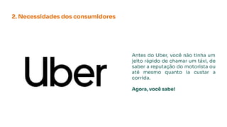 2. Necessidades dos consumidores
Antes do Uber, você não tinha um
jeito rápido de chamar um táxi, de
saber a reputação do motorista ou
até mesmo quanto ia custar a
corrida.
Agora, você sabe!
 
