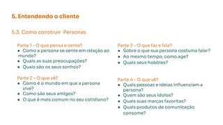 5. Entendendo o cliente
5.3. Como construir Personas
Parte 1 - O que pensa e sente?
● Como a persona se sente em relação ao
mundo?
● Quais as suas preocupações?
● Quais são os seus sonhos?
Parte 2 - O que vê?
● Como é o mundo em que a persona
vive?
● Como são seus amigos?
● O que é mais comum no seu cotidiano?
Parte 3 - O que faz e fala?
● Sobre o que sua persona costuma falar?
● Ao mesmo tempo, como age?
● Quais seus hobbies?
Parte 4 - O que vê?
● Quais pessoas e ideias inﬂuenciam a
persona?
● Quem são seus ídolos?
● Quais suas marcas favoritas?
● Quais produtos de comunicação
consome?
 