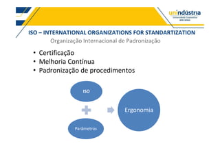 ISO INTERNATIONAL ORGANIZATIONS FOR STANDARTIZATION
Organização Internacional de Padronização
Certificação
Melhoria Contínua
Padronização de procedimentos
ISO
Parâmetros
Ergonomia
 