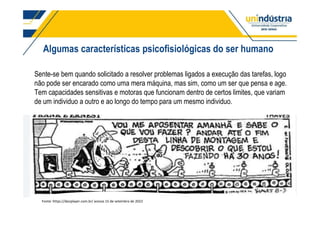 Algumas características psicofisiológicas do ser humano
Sente-se bem quando solicitado a resolver problemas ligados a execução das tarefas, logo
não pode ser encarado como uma mera máquina, mas sim, como um ser que pensa e age.
Tem capacidades sensitivas e motoras que funcionam dentro de certos limites, que variam
de um individuo a outro e ao longo do tempo para um mesmo individuo.
Fonte: https://docplayer.com.br/ acesso 15 de setembro de 2022
 