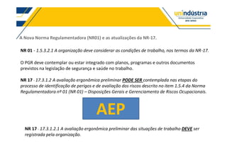 A Nova Norma Regulamentadora (NR01) e as atualizações da NR-17.
NR 01 - 1.5.3.2.1 A organização deve considerar as condições de trabalho, nos termos da NR-17.
O PGR deve contemplar ou estar integrado com planos, programas e outros documentos
previstos na legislação de segurança e saúde no trabalho.
NR 17 - 17.3.1.2 A avaliação ergonômica preliminar PODE SER contemplada nas etapas do
processo de identificação de perigos e de avaliação dos riscos descrito no item 1.5.4 da Norma
Regulamentadora nº 01 (NR 01) Disposições Gerais e Gerenciamento de Riscos Ocupacionais.
AEP
NR 17 - 17.3.1.2.1 A avaliação ergonômica preliminar das situações de trabalho DEVE ser
registrada pela organização.
 