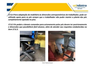 17.6.4 Para adaptação do mobiliário às dimensões antropométricas do trabalhador, pode ser
utilizado apoio para os pés sempre que o trabalhador não puder manter a planta dos pés
completamente apoiada no piso.
17.6.5 Os pedais e demais comandos para acionamento pelos pés devem ter posicionamento
e dimensões que possibilitem fácil alcance, além de atender aos requisitos estabelecidos no
item 17.6.3.
Fonte: Arquivo Pessoal
 