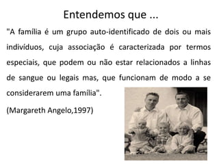 Entendemos que ...
"A família é um grupo auto-identificado de dois ou mais
indivíduos, cuja associação é caracterizada por termos
especiais, que podem ou não estar relacionados a linhas
de sangue ou legais mas, que funcionam de modo a se
considerarem uma família".
(Margareth Angelo,1997)
 