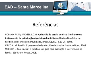 Referências
COELHO, F.L.G.; SAVASSI, L.C.M. Aplicação da escala de risco familiar como
instrumento de priorização das visitas domiciliares. Revista Brasileira de
Medicina de Família e Comunidade, Brasil, v.1, n.2, p.19-26, 2004.
CRUZ, H. M. Familia é quem cuida de mim. Rio de Janeiro: Instituto Noos, 2008.
WRIGHT, L. Enfermeiras e famílias: um guia para avaliação e intervenção na
famila. São Paulo: Rocca, 2008.
EAD – Santa Marcelina
 