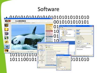 Software
• 01010101010101010101010101010
10101010101100100010101010101
01010101010101010101010101010
10101010101010101010101010101
01010101010101010101010101010
10101010101010101010010101010
10101110101010101010100101011
10101010101010100101011101010
10101010100101011101010101010
10111001010101000010010101010
 