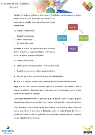 Planejar é a ação de elaborar e determinar a finalidade e os objetivos do projeto e
prever todas as suas atividades, os recursos e os
meios que permitirão atingi-los ao longo do tempo
determinado.
                                                                       Planejar
Faz parte do Planejamento:

   Estabelecer objetivos
                                                         Controlar                  Organizar
   Pensar alternativas
   Ter idéias diferentes

Organizar é a ação de agrupar pessoas e recursos,                        Dirigir
definir atribuições, responsabilidades e tarefas, de
modo a atingir os objetivos planejados.

Faz parte da Organização:

   Definir quem toma as decisões e sobre quais assuntos;

   Estabelecer quem deve realizar quais atividades;

   Apontar quem deve acompanhar e controlar cada atividade;

   Indicar as relações entre os responsáveis por todas as atividades levantadas.

Dirigir é a ação de conduzir e motivar pessoas a exercerem suas tarefas a fim de
alcançar os objetivos do projeto, pois o planejamento e a organização, por si só, não
garantem que o projeto aconteça.

Essa função implica transmitir às pessoas o que elas devem fazer e conseguir que elas
trabalhem da melhor forma possível, com a melhor utilização dos recursos disponíveis.

Exige, de quem a exerce, a capacidade de coordenar os trabalhos a serem realizados,
fixando prioridades e exercendo a liderança junto aos subordinados de forma a
motivá-los. O exercício dessa função exige do coordenador a capacidade de coordenar,
liderar, motivar e tomar decisões.
 