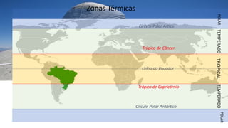 Trópico de Câncer
Linha do Equador
Trópico de Capricórnio
Círculo Polar Antártico
Círculo Polar Ártico
Zonas Térmicas
TROPICAL
TEMPERADO
TEMPERADO
POLAR
POLAR
 