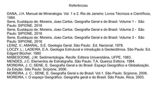 DANA, J.H. Manual de Mineralogia. Vol. 1 e 2. Rio de Janeiro: Livros Técnicos e Científicos,
1984.
Sene, Eustáquio de; Moreira, Joao Carlos. Geografia Geral e do Brasil. Volume 1 - São
Paulo: SIPIONE, 2016
Sene, Eustáquio de; Moreira, Joao Carlos. Geografia Geral e do Brasil. Volume 2 - São
Paulo: SIPIONE, 2016
Sene, Eustáquio de; Moreira, Joao Carlos. Geografia Geral e do Brasil. Volume 3 - São
Paulo: SIPIONE, 2016
LEINZ, V.; AMARAL, S.E. Geologia Geral. São Paulo: .Ed. Nacional, 1978.
LOCZY, L.; LADEIRA, E.A. Geologia Estrutural e introdução à Geotectônica. São Paulo: Ed.
Edgard Blücher. 1980
MABESOONE, J.M. Sedimentologia. Recife: Editora Universitária, UFPE, 1983.
MENDES, J.C. Elementos de Estratigrafia. São Paulo: T.A. Queiroz Editora, 1984.
MOREIRA, J. C; SENE, E. Geografia Geral e do Brasil: Espaço Geográfico e Globalização.
2a Edição. São Paulo: Scipione, 2006.
MOREIRA, J. C.; SENE, E. Geografia Geral e do Brasil. Vol.1. São Paulo: Scipione, 2006.
MOREIRA, I. O espaço Geográfico. Geografia geral e do Brasil. São Paulo, Ática, 2003.
Referências
 