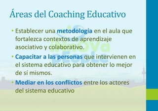Áreas del Coaching Educativo
• Establecer una metodología en el aula que
fortalezca contextos de aprendizaje
asociativo y colaborativo.
• Capacitar a las personas que intervienen en
el sistema educativo para obtener lo mejor
de sí mismos.
• Mediar en los conflictos entre los actores
del sistema educativo
 