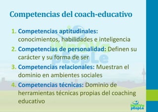 Competencias del coach-educativo
1. Competencias aptitudinales:
conocimientos, habilidades e inteligencia
2. Competencias de personalidad: Definen su
carácter y su forma de ser
3. Competencias relacionales: Muestran el
dominio en ambientes sociales
4. Competencias técnicas: Dominio de
herramientas técnicas propias del coaching
educativo
 