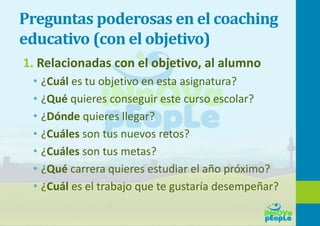 Preguntas poderosas en el coaching
educativo (con el objetivo)
1. Relacionadas con el objetivo, al alumno
• ¿Cuál es tu objetivo en esta asignatura?
• ¿Qué quieres conseguir este curso escolar?
• ¿Dónde quieres llegar?
• ¿Cuáles son tus nuevos retos?
• ¿Cuáles son tus metas?
• ¿Qué carrera quieres estudiar el año próximo?
• ¿Cuál es el trabajo que te gustaría desempeñar?
 