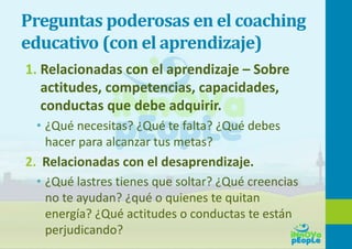 Preguntas poderosas en el coaching
educativo (con el aprendizaje)
1. Relacionadas con el aprendizaje – Sobre
actitudes, competencias, capacidades,
conductas que debe adquirir.
• ¿Qué necesitas? ¿Qué te falta? ¿Qué debes
hacer para alcanzar tus metas?
2. Relacionadas con el desaprendizaje.
• ¿Qué lastres tienes que soltar? ¿Qué creencias
no te ayudan? ¿qué o quienes te quitan
energía? ¿Qué actitudes o conductas te están
perjudicando?
 