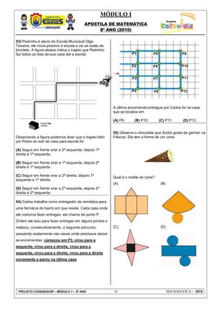 MÓDULO I
APOSTILA DE MATEMÁTICA
8º ANO (2010)
PROJETO (CON)SEGUIR – MÓDULO 1 – 8º ANO 16 MATEMÁTICA - 2010
53) Pedrinho é aluno da Escola Municipal Olga
Teixeira, ele mora próximo à escola e vai as aulas de
bicicleta. A figura abaixo indica o trajeto que Pedrinho
faz todos os dias da sua casa até a escola.
Observando a figura podemos dizer que o trajeto feito
por Pedro ao sair de casa para escola foi:
(A) Seguir em frente virar a 2ª esquerda, depois 1ª
direita e 1ª esquerda.
(B) Seguir em frente virar a 1ª esquerda, depois 2ª
direita e 1ª esquerda.
(C) Seguir em frente virar a 2ª direita, depois 1ª
esquerda e 1ª direita.
(D) Seguir em frente virar a 2ª esquerda, depois 2ª
direita e 2ª esquerda.
54) Carlos trabalha como entregador de remédios para
uma farmácia do bairro em que reside. Cada casa onde
ele costuma fazer entregas, ele chama de ponto P.
Ontem ele saiu para fazer entregas em alguns pontos e
realizou, consecutivamente, o seguinte percurso,
passando exatamente nas casas onde precisava deixar
as encomendas: começou em P3, virou para a
esquerda, virou para a direita, virou para a
esquerda, virou para a direita, virou para a direita
novamente e parou na última casa.
A última encomenda entregue por Carlos foi na casa
que se localiza em
(A) P9. (B) P10. (C) P11. (D) P12.
55) Observe o chocolate que André gosta de ganhar na
Páscoa. Ele tem a forma de um cone.
Qual é o molde do cone?
(A) (B)
(C) (D)
 
