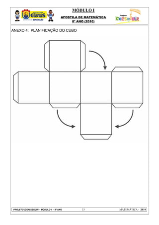 MÓDULO I
APOSTILA DE MATEMÁTICA
8º ANO (2010)
PROJETO (CON)SEGUIR – MÓDULO 1 – 8º ANO 33 MATEMÁTICA - 2010
ANEXO 4: PLANIFICAÇÃO DO CUBO
 