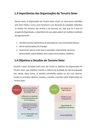 1.3 Importâncias das Organizações do Terceiro Setor

 Muitas vezes, as Organizações do Terceiro Setor atuam em áreas pouco atendidas
 pelo Setor Público, outras vezes fortalecem uma demanda da sociedade, defendem
 os direitos das minorias, dos animais e da natureza, etc. Seja qual for a área de
 atuação da Organização, a importância de suas ações podem ser medidas e avaliadas
 da seguinte forma:


       Atendem parcelas significativas da população em suas necessidades básicas;
       Geram oportunidades de emprego;
       Disseminam valores muito caros à sociedade: solidariedade, altruísmo,
        generosidade, espiritualidade, ética, justiça social, política, cidadania...


 1.4 Objetivos e Desafios do Terceiro Setor

Estando a nossa sociedade como está, são muitos os objetivos das Organizações do
Terceiro Setor, que trabalham visando a melhoria da qualidade de vida da população
que atende. Dessa forma, os desafios enfrentados podem ser dos mais diversos.
Confira os principais objetivos traçados e desafios encarados pelas Organizações do
Terceiro Setor:


             Buscar novas formas                                Identidade com
Objetivos     de articulação da                    Desafios       legitimidade
               Sociedade Civil;

            Influenciar as decisões                              Eficiência com
            e comportamento s do                                 transparência
                1º e 2º Setores;

             Lutar ativamente pela
            implantação de políticas                             Capacidade de
              públicas junto ao 1º                            estabelecer parcerias
                     Setor;

            Ser um articulador dos
                  3 setores                                     Sustentabilidade
 