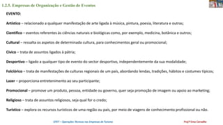 1.2.5. Empresas de Organização e Gestão de Eventos
OTET – Operações Técnicas nas Empresas de Turismo Prof.ª Ema Carvalho
EVENTO:
Artístico – relacionado a qualquer manifestação de arte ligada à música, pintura, poesia, literatura e outras;
Cientifico – eventos referentes às ciências naturais e biológicas como, por exemplo, medicina, botânica e outros;
Cultural – ressalta os aspetos de determinada cultura, para conhecimentos geral ou promocional;
Cívico – trata de assuntos ligados à pátria;
Desportivo – ligado a qualquer tipo de evento do sector desportivo, independentemente da sua modalidade;
Folclórico – trata de manifestações de culturas regionais de um país, abordando lendas, tradições, hábitos e costumes típicos;
Lazer – proporciona entretenimento ao seu participante;
Promocional – promove um produto, pessoa, entidade ou governo, quer seja promoção de imagem ou apoio ao marketing;
Religioso – trata de assuntos religiosos, seja qual for o credo;
Turístico – explora os recursos turísticos de uma região ou país, por meio de viagens de conhecimento profissional ou não.
 