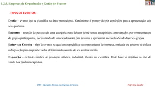 1.2.5. Empresas de Organização e Gestão de Eventos
OTET – Operações Técnicas nas Empresas de Turismo Prof.ª Ema Carvalho
Desfile – evento que se classifica na área promocional. Geralmente é promovido por confeções para a apresentação dos
seus produtos.
Encontro – reunião de pessoas de uma categoria para debater sobre temas antagónicos, apresentados por representantes
de grupos participantes, necessitando de um coordenador para resumir e apresentar as conclusões de diversos grupos.
Entrevista Coletiva – tipo de evento na qual um especialista ou representante de empresa, entidade ou governo se coloca
à disposição para responder sobre determinado assunto do seu conhecimento.
Exposição – exibição pública de produção artística, industrial, técnica ou científica. Pode haver o objetivo ou não de
venda dos produtos expostos.
TIPOS DE EVENTOS:
 