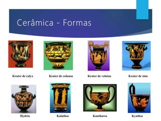 Krater de calyx Krater de colunas Krater de volutas Krater de sino
Hydria Kalathos Kantharos Kyathos
 