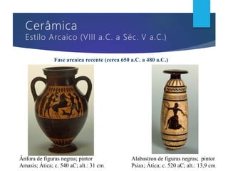 Fase arcaica recente (cerca 650 a.C. a 480 a.C.)
Ânfora de figuras negras; pintor
Amasis; Ática; c. 540 aC; alt.: 31 cm.
Alabastron de figuras negras; pintor
Psiax; Ática; c. 520 aC; alt.: 13,9 cm.
 