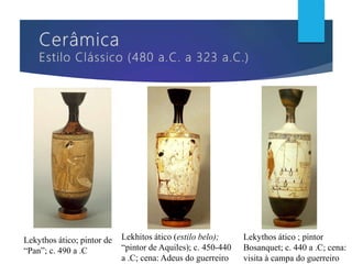 Lekythos ático; pintor de
“Pan”; c. 490 a .C
Lekhitos ático (estilo belo);
“pintor de Aquiles); c. 450-440
a .C; cena: Adeus do guerreiro
Lekythos ático ; pintor
Bosanquet; c. 440 a .C; cena:
visita à campa do guerreiro
 
