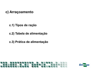 c) Arraçoamento
c.1) Tipos de ração
c.2) Tabela de alimentação
c.3) Prática de alimentação
 