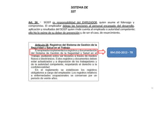 SISTEMA DE
SST
Art. 26  SGSST es responsabilidad del EMPLEADOR, quien asume el liderazgo y
compromiso. El empleador delega las funciones al personal encargado del desarrollo,
aplicación y resultados del SGSST quien rinde cuenta al empleado o autoridad competente;
ello No lo exime de su deber de prevención y, de ser el caso, de resarcimiento.
RM.050-2013 - TR
15
 