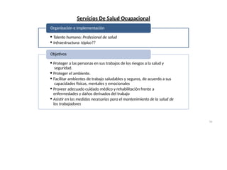 Servicios De Salud Ocupacional
Organización e Implementación
• Talento humano: Profesional de salud
• Infraestructura: tópico??
Objetivos
• Proteger a las personas en sus trabajos de los riesgos a la salud y
seguridad.
• Proteger el ambiente.
• Facilitar ambientes de trabajo saludables y seguros, de acuerdo a sus
capacidades físicas, mentales y emocionales
• Proveer adecuado cuidado médico y rehabilitación frente a
enfermedades y daños derivados del trabajo
• Asistir en las medidas necesarias para el mantenimiento de la salud de
los trabajadores
56
 