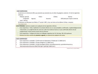 CASO SOSPECHOSO:
a) persona con síntomas de IRA, que presente que presenta tos y/o dolor de garganta y además ≥ 01 de los siguientes
síntomas:
Fiebre Cefalea,
Ageusia Anosmia
Diarrea
Dificultad para respirar (señal de
Malestar general,
Congestión
nasal. alarma)
b) Paciente con IRA grave (con fiebre o T° actual ≥ 38°C, y tos; con inicio en los últimos 10 días; y requiere
hospitalización).
CASO PROBABLE: Quienes cumplan con cualquiera de los siguientes criterios:
• Caso sospechoso + Antec. Epidemiol. de contacto directo con un caso probable o confirmado, o epidemiológicamente
relacionado a un conglomerado de casos los cuales han tenido al menos un caso confirmado dentro de ese
conglomerado 14 días previos al inicio de los síntomas.
• Caso sospechoso + Imágenes de tórax con hallazgos sugestivos de C19: Rx tórax, TAC, ECO pulmonar.
• Persona con inicio reciente de anosmia o ageusia, en ausencia de cualquier otra causa.
CASO CONFIRMADO:
(Fuente: RM 972-2020 MINSA)
•
•
•
Caso sospechoso o probable + Confirmación de laboratorio: P. Molecular (+) SARS-CoV-2.
Caso sospechoso o probable + Prueba Antigénica (+) SARS-CoV-2.
Caso sospechoso o probable + Prueba Serológica (ELISA, inmunofluorescencia, quimioluminiscencia y
electroquimioluminiscencia) REACTIVA (IgM o IgM/IgG) SARS-CoV-2.
 