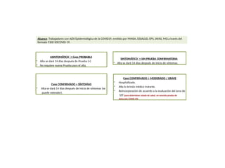 Alcance: Trabajadores con ALTA Epidemiológica de la COVID19, emitido por MINSA, ESSALUD, EPS, IAFAS, MO.a través del
formato F300 SISCOVID-19.
ASINTOMÁTICO ´+ Caso PROBABLE
• Alta se dará 14 días después de Prueba (+)
• No requiere nueva Prueba para el alta.
Caso CONFIRMADO + SÍNTOMAS
• Alta se dará 14 días después de inicio de síntomas (se
puede extender).
SINTOMÁTICO ´+ SIN PRUEBA CONFIRMATORIA
• Alta se dará 14 días después de inicio de síntomas.
Caso CONFIRMADO + MODERADO / GRAVE
• Hospitalizado.
• Alta lo brinda médico tratante.
• Reincorporación de acuerdo a la evaluación del área de
SST (para determinar estado de salud, no necesita prueba de
detección COVID-19)
 