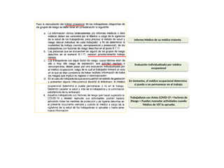 Informe Médico de su médico tratante.
Evaluación individualizada por médico
ocupacional
En Gestantes, el médico ocupacional determina
si puede o no permanecer en el trabajo.
Trabajadores con Antec.COVID-19 + Factores de
Riesgo = Pueden reanudar actividades cuando
Médico de VST lo apruebe.
 