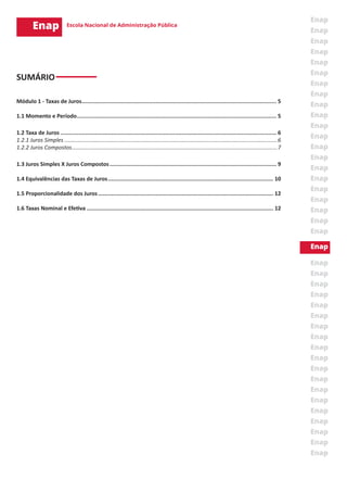 SUMÁRIO
Módulo 1 - Taxas de Juros........................................................................................................................ 5
1.1 Momento e Período........................................................................................................................... 5
1.2 Taxa de Juros..................................................................................................................................... 6
1.2.1 Juros Simples...........................................................................................................................................6
1.2.2 Juros Compostos......................................................................................................................................7
1.3 Juros Simples X Juros Compostos....................................................................................................... 9
1.4 Equivalências das Taxas de Juros...................................................................................................... 10
1.5 Proporcionalidade dos Juros............................................................................................................ 12
1.6 Taxas Nominal e Efetiva................................................................................................................... 12
 