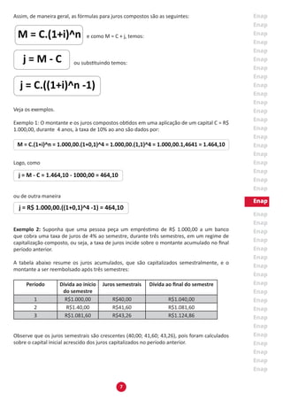 7
Assim, de maneira geral, as fórmulas para juros compostos são as seguintes:
e como M = C + j, temos:
ou substituindo temos:
Veja os exemplos.
Exemplo 1: O montante e os juros compostos obtidos em uma aplicação de um capital C = R$
1.000,00, durante 4 anos, à taxa de 10% ao ano são dados por:
Logo, como
ou de outra maneira
Exemplo 2: Suponha que uma pessoa peça um empréstimo de R$ 1.000,00 a um banco
que cobra uma taxa de juros de 4% ao semestre, durante três semestres, em um regime de
capitalização composto, ou seja, a taxa de juros incide sobre o montante acumulado no final
período anterior.
A tabela abaixo resume os juros acumulados, que são capitalizados semestralmente, e o
montante a ser reembolsado após três semestres:
Período Dívida ao início
do semestre
Juros semestrais Dívida ao final do semestre
1 R$1.000,00 R$40,00 R$1.040,00
2 R$1.40,00 R$41,60 R$1.081,60
3 R$1.081,60 R$43,26 R$1.124,86
Observe que os juros semestrais são crescentes (40,00; 41,60; 43,26), pois foram calculados
sobre o capital inicial acrescido dos juros capitalizados no período anterior.
 