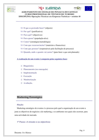 AGRUPAMENTO DE ESCOLAS DE PENALVA DO CASTELO
           CURSO PROFISSIONAL DE TÉCNICO DE TURISMO
     DISCIPLINA: Operações Técnicas em Empresas Turísticas – módulo 10




        O que se pretende fazer? (objecto)
        Por quê? (justificativa)
        Para quê? (objectivos)
        Para quem? (população-alvo)
        Como? (estratégias/metodologia)
        Com que recursos/meios? (materiais e financeiros)
        Com que pessoas? (responsáveis pela facilitação do processo)
        Quando, onde e quanto vai custar? (para fazer o que está planeado)


  A realização de um evento é composta pelas seguintes fases:


        Diagnóstico
        Planeamento (ou concepção)
        Implementação
        Execução
        Monitorização
        Avaliação.




  Marketing Estratégico

  Noção:
  Marketing estratégico de eventos é o processo pelo qual a organização de um evento a
justa os objectivos de negócios e de marketing, e os ambientes nos quais eles ocorrem, para
uma actividade de mercado.


  1º Passo: A missão e os objectivos



                                                                                 Pág. 15
Docente: Ivo Mateus
 