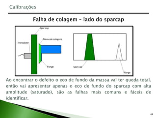 44
Ao encontrar o defeito o eco de fundo da massa vai ter queda total.
então vai apresentar apenas o eco de fundo do sparcap com alta
amplitude (saturado), são as falhas mais comuns e fáceis de
identificar.
Calibrações
 