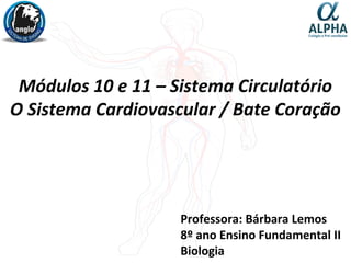 Módulos 10 e 11 – Sistema Circulatório
O Sistema Cardiovascular / Bate Coração
Professora: Bárbara Lemos
8º ano Ensino Fundamental II
Biologia
 