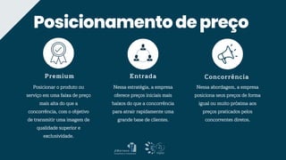 Posicionamentodepreço
Posicionar o produto ou
serviço em uma faixa de preço
mais alta do que a
concorrência, com o objetivo
de transmitir uma imagem de
qualidade superior e
exclusividade.
Nessa estratégia, a empresa
oferece preços iniciais mais
baixos do que a concorrência
para atrair rapidamente uma
grande base de clientes.
Nessa abordagem, a empresa
posiciona seus preços de forma
igual ou muito próxima aos
preços praticados pelos
concorrentes diretos.
Premium Entrada Concorrência
 